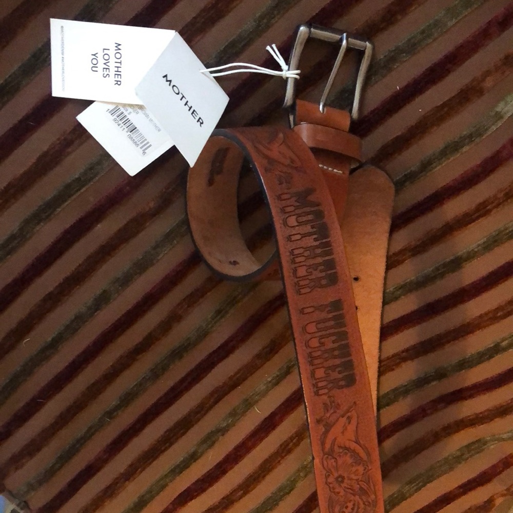 MOTHER The Buckle Up Belt MF Brown 100% Leather Engraved